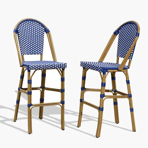 Miniatura 16 de PURPLE LEAF - Juego de 2 taburetes de bar franceses con acabado de bambú impreso, taburetes de bar de ratán para patio con respaldo, sillas de bar