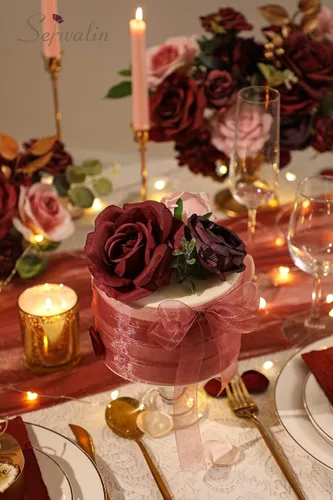 Miniatura 5 de Serwalin Flores Artificiales Burdeos, Flores Falsas de Seda Burdeos y Rosa para Decoración de Boda DIY, Flores Rojo Profundo para Pastel Ramo