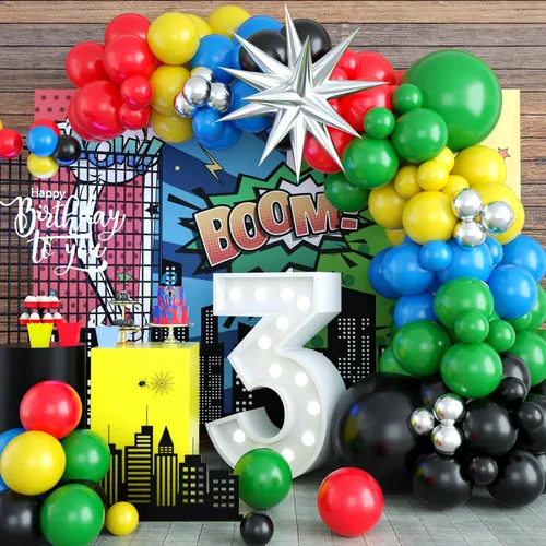 Kit de arco de guirnalda de globos negro, rojo, amarillo, verde, colorido con globos plateados metálicos negros, rojos, azules, amarillos, verdes,