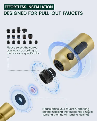 Miniatura 7 de Cabezal rociador desplegable para fregadero de cocina, repuesto con 15 adaptadores, boquilla rociadora de grifo extraíble de 3 funciones, oro Oro