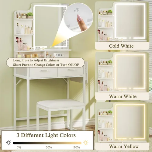 Miniatura 6 de HUAHUU Pequeño escritorio de tocador con espejo y luces, tocador de maquillaje con cajón de almacenamiento de tela, silla y tres estantes, tocador