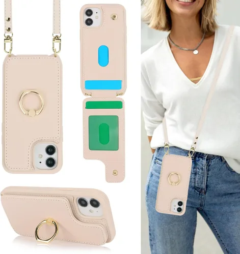 Miniatura 13 de Lipvina Funda para iPhone 13 Mini con tarjetero y correa para mujer, cordón cruzado, soporte de anillo con soporte, cierre a presión, bloqueo RFID