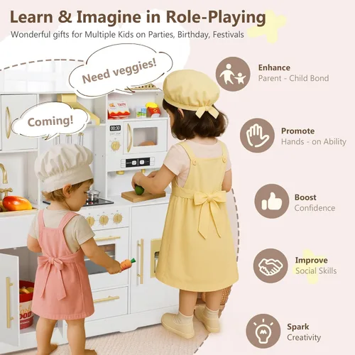 Miniatura 3 de Kinder King Cocina de madera para niños, juego de cocina de juguete para niños pequeños, juego de cocina con sonidos reales, máquina de café