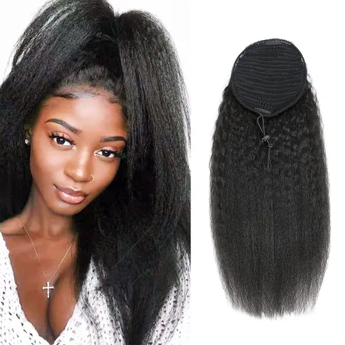 Miniatura 23 de Extensión de Cola de Caballo de Cabello Humano Kinky Recto con Pasta Mágica Envolvente de 30,48 cm, Cabello Natural Negro Brasileño, Extensiones