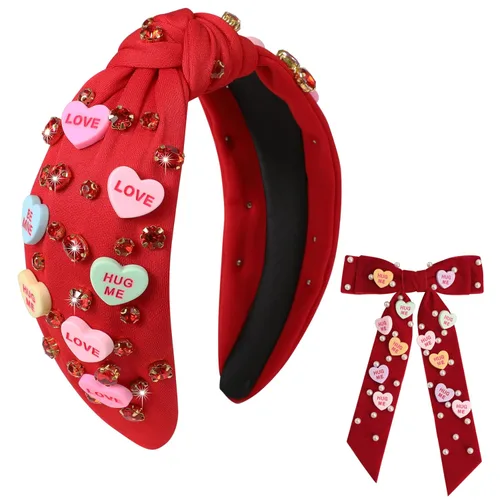 Miniatura 22 de Diademas de corazón de caramelo para el día de San Valentín para mujer, diadema de corazón de conversación de amor con diamantes de imitación