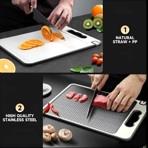 Miniatura 6 de Tabla de cortar de acero inoxidable de doble cara, tabla de cortar de grado alimenticio 304 con malla resistente a los arañazos, ranura para jugos