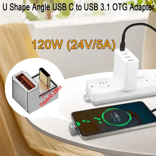 Miniatura 5 de QIANRENON PD 120W U ángulo USB C a USB 3.1 OTG adaptador 10Gbps tipo C macho a USB3.1 hembra conector de datos de carga rápida de 180 grados