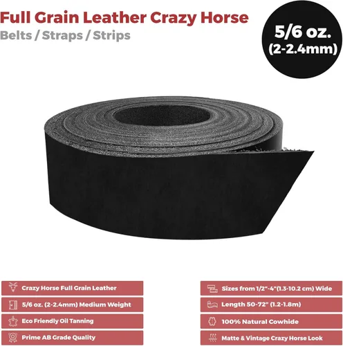 Miniatura 2 de ELW 5-6 oz (2-2.4mm) Correas negras de 1" de ancho x 40" de largo (2.5cm x 1.06m) de cuero de grano completo Crazy Horse de calidad para cinturones