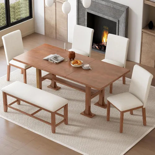 Miniatura 10 de Elegante juego de mesa de comedor de cocina de 6 piezas, mesa rectangular de madera y 4 sillas copetudas de respaldo alto y 1 banco, juego de mesa