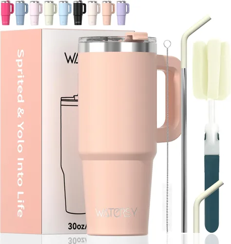 Miniatura 16 de Vaso de 20 oz con asa, vaso con tapa y pajita, vaso de doble pared con aislamiento de acero inoxidable para viajes (frío durante 34 horas), botella