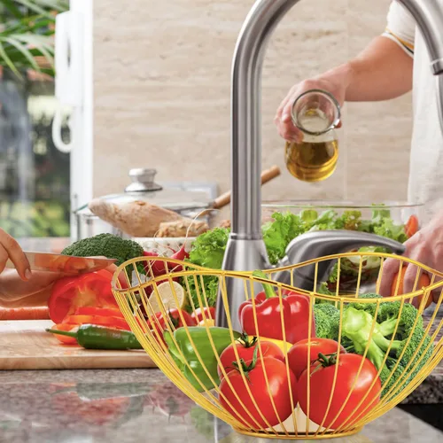 Miniatura 4 de Cesta de frutas de alambre de metal, cuenco de frutas dorado para encimera de cocina, soporte de frutas para encimera, decoración del hogar, centros