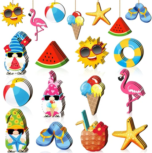 Miniatura 13 de Geelin 36 piezas de adornos colgantes de madera de verano para árbol mini decoración de árbol hawaiano playa colgante de madera con cuerda