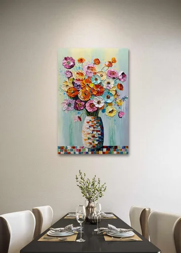 Miniatura 6 de V-inspire Arte, pintura al óleo moderna pintada a mano de 30 x 45 pulgadas, ramo completo de flores, lienzo acrílico abstracto, decoración de pared