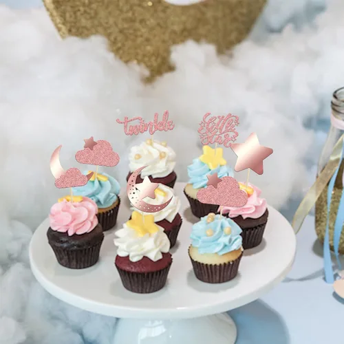 Miniatura 6 de Gyufise 24 piezas de decoración de cupcakes con purpurina de luna, nube, decoración de tartas de estrellas parpadeantes, baby shower, niños, Oro