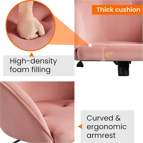 Miniatura 7 de Yaheetech Silla de Oficina Rosa Pequeña y Linda con Ruedas Traseras, Silla de Tocador de Terciopelo Giratoria y con Ruedas, Silla de Escritorio