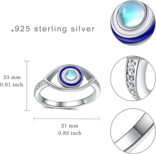 Miniatura 6 de Anillo de ojo turco de plata de ley 925 con piedra lunar y ojo malvado, joyería de protección para mujeres