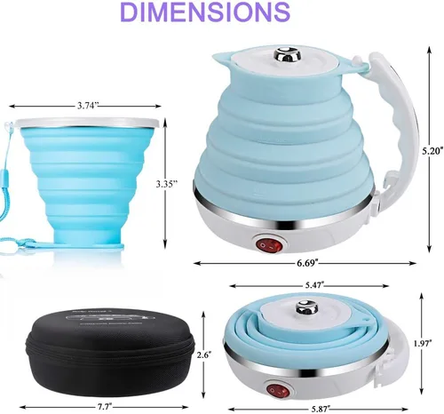 Miniatura 2 de ShineMe - Hervidor de agua eléctrico portátil ultrafino de silicona de grado alimenticio de doble voltaje de 110-220 V con taza, adaptador universal