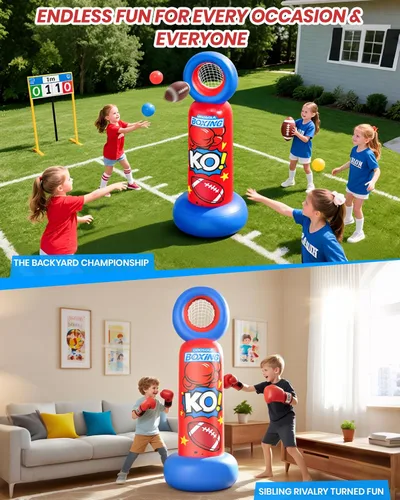 Miniatura 5 de ODOSOLA Saco de boxeo inflable para niños, bolsa de boxeo independiente 2 en 1 con juego de lanzamiento de fútbol, juguete de karate taekwondo