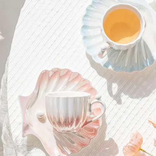 Miniatura 7 de Taza y platillo Pearl Shell – Taza de café de cerámica degradada de 8 onzas, té vintage, capuchino, arte con leche para regalo de cumpleaños