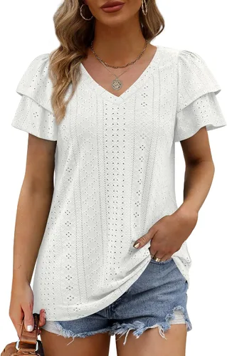 Miniatura 2 de Geifa Camisetas de verano para mujer, con volantes, manga corta, cuello en V, ajuste holgado, con ojales