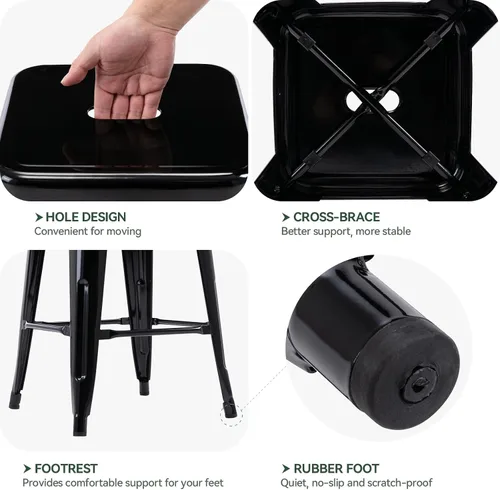 Miniatura 5 de Vogue Furniture Direct 24" Taburetes de bar de metal sin respaldo negros para interiores/exteriores, altura para encimera con asiento cuadrado