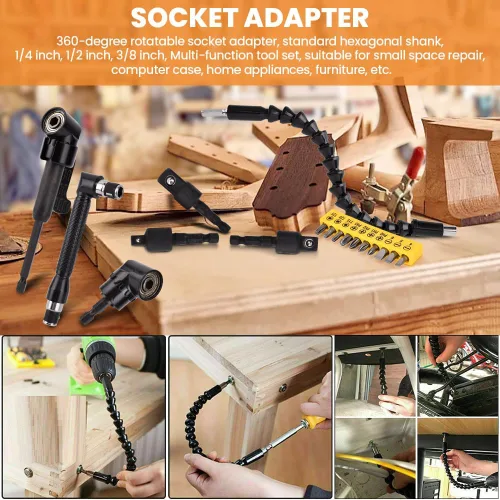 Miniatura 4 de 17 extensiones de broca flexible, con 3 adaptadores de enchufe giratorios, 2 accesorios de taladro hexagonal de 105° en ángulo recto, 10 puntas
