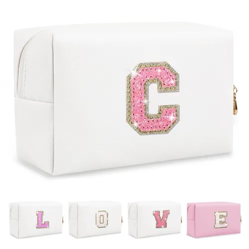 Miniatura 341 de Pequeña bolsa de maquillaje personalizada con inicial A-Z Preppy Patch, bolsa de cosméticos de viaje de felpilla blanca con cremallera, bonita bolsa