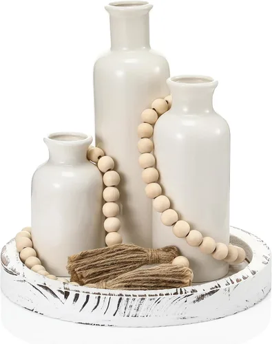Miniatura 20 de Juego de 5 piezas de centros de mesa rústicos de mesa, juego de 3 jarrones de cerámica boho con bandeja de madera para servir cuentas de madera