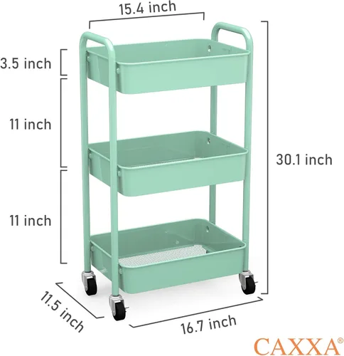 Miniatura 2 de CAXXA Organizador de almacenamiento de metal con ruedas de 3 niveles, carrito de utilidad móvil, carrito de cocina con ruedas giratorias