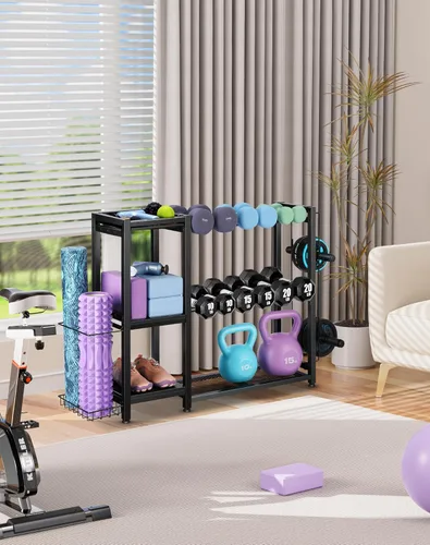 Miniatura 2 de FHXZH Soporte para mancuernas de 3 niveles, soporte de pesas ajustable para gimnasio en casa, soporte de peso resistente para mancuernas, pesas Negro