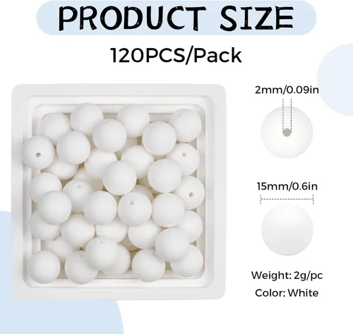 Miniatura 2 de 120 piezas FIVEIZERO abalorios de silicona, 15 mm abalorios de goma redondos blancos a granel para hacer llaveros, pulseras, collares, manualidades