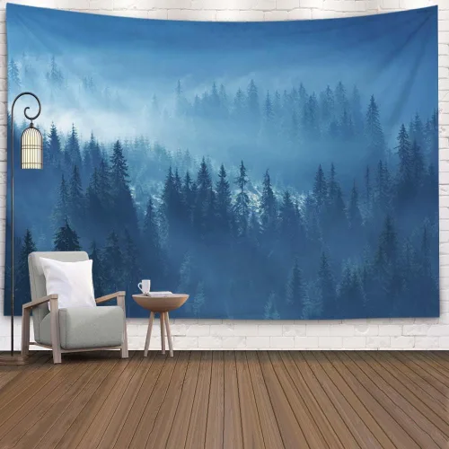 Miniatura 64 de EMMTEEY Tapiz de pared con bosque - Árbol de pino verde y niebla, arte de pared natural, 80x60 pulgadas, tapiz grande de estilo bohemio para sala