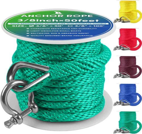 Miniatura 61 de Cuerda de anclaje premium de 100 pies x 3/8 pulgadas, cuerda marina de línea de anclaje MFP trenzada sólida con dedal y grillete, color negro
