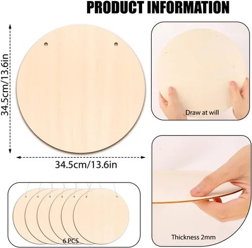 Miniatura 2 de DIYDEC Paquete de 6 círculos de madera para manualidades, rebanadas de madera sin terminar de 14 pulgadas, colgante de puerta de madera en blanco