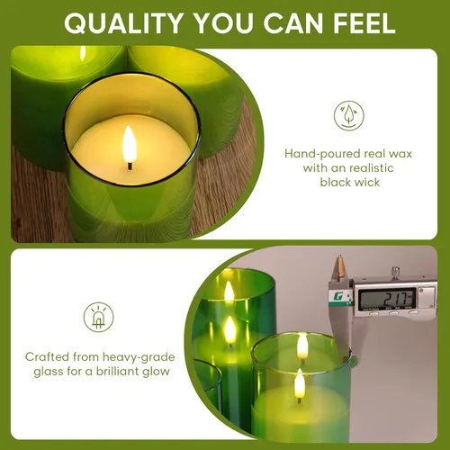 Miniatura 5 de Eywamage Juego de 3 velas LED de cristal verde, con forma de columna gruesa, funcionan con pilas, con control remoto, sin llama, parpadeantes