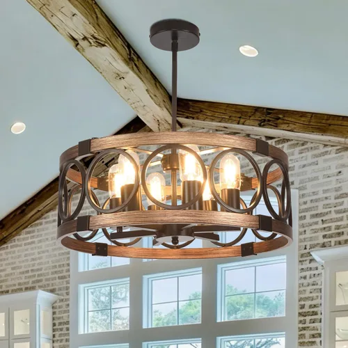 Miniatura 9 de Lámpara de techo para montaje semiempotrado de 3 luces, lámpara de comedor negra de 15.7 pulgadas, lámpara colgante de tambor rústico con acabado