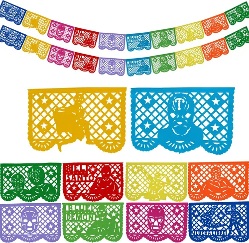 Miniatura 10 de Papel Picado de 16 pies, pancarta mexicana, pancarta de plástico Lucha Libre, decoraciones de pancarta mexicana, suministros de fiesta de Luchador