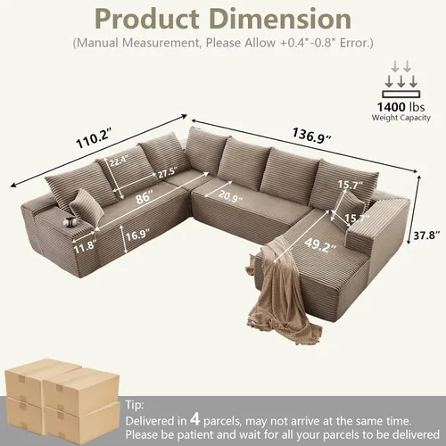 Miniatura 2 de Sofá modular de nube de 140 pulgadas para sala de estar, sofá modular de asiento profundo, juego de sofás de pana grandes y cómodos con espuma