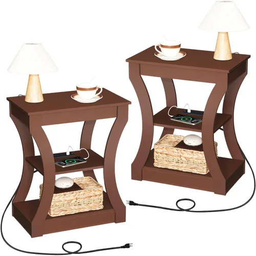 Miniatura 11 de MAHANCRIS - Mesa auxiliar negra con estación de carga, mesa auxiliar delgada con puertos USB y tomas, mesita de noche, mesita de noche de 3 niveles