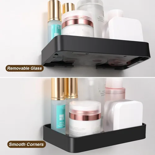 Miniatura 4 de Z metnal Estantes pequeños de vidrio para baño, estante flotante negro mate, mini organizador de estantes de pared, montado en la pared