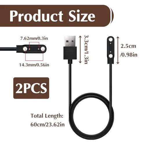 Miniatura 2 de Paquete de 2 cables de carga magnéticos para reloj inteligente, universal de 2 pines de 0.300 in, cable de carga de repuesto compatible con reloj