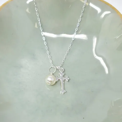 Miniatura 3 de Collar de cruz de plata de ley con perla de 0.236 in Cadena de 14 pulgadas Cruz de bautismo de ahijado Delicada joyería cristiana para primera