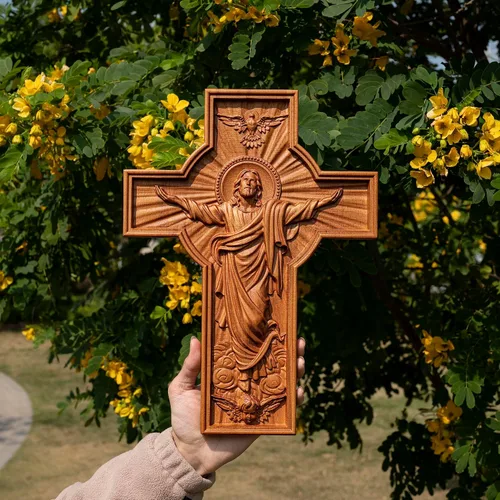 Miniatura 4 de BGCOPPER Cruz de pared de Jesús, crucifijo de madera hecha a mano para decoración de pared para el hogar, habitación navideña, regalo de Navidad