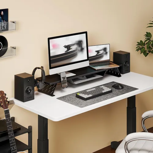 Miniatura 7 de Fenge Soporte de monitor doble, elevador de monitor de 42.5 pulgadas para escritorio, estante de escritorio de madera para 2 monitores, estante