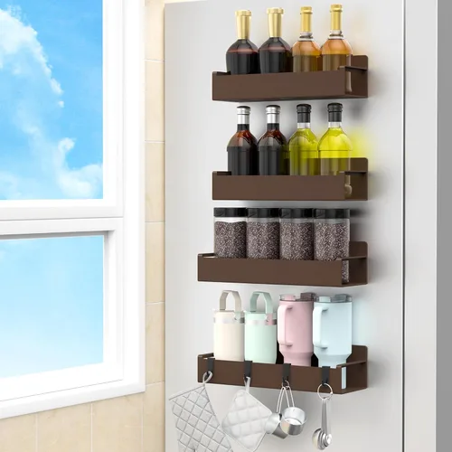 Miniatura 17 de HuggieGems Paquete de 4 organizadores magnéticos para especias para refrigerador y horno, organizadores de nevera gris claro y almacenamiento