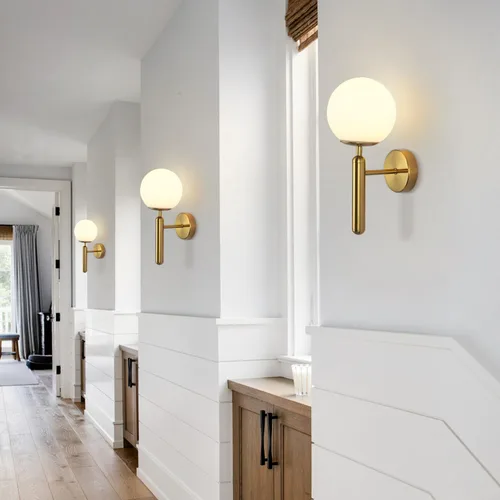 Miniatura 6 de KCO Lighting - Juego de dos apliques de pared de latón con forma de globo de vidrio de leche, aplique de pared dorado cepillado, modernos accesorios