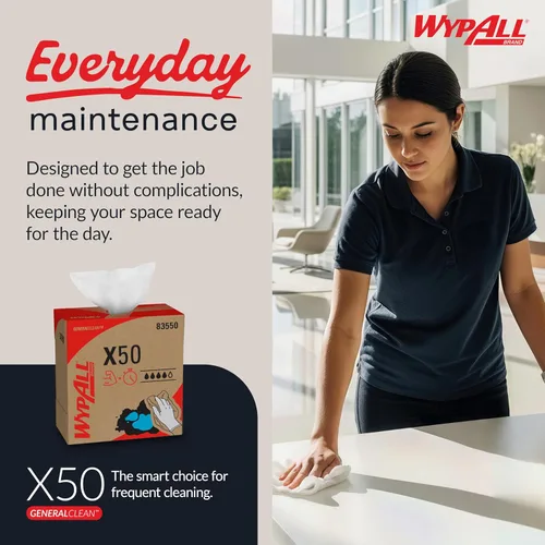 Miniatura 4 de WypAll GeneralClean X50 Toallitas de limpieza (83550), caja emergente, toallas fuertes para uso prolongado, color blanco