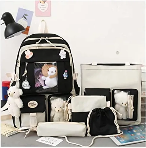 Miniatura 5 de Mochila Kawaii de 5 piezas, bolsa deportiva estética de 17 pulgadas con bonita mochila, bolsa de hombro, caja de lápices, bolsa de mano, bolsa