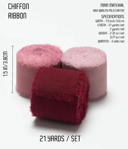 Miniatura 2 de Juego de 3 rollos de cinta de gasa de gasa hecha a mano con flecos de 1.5 pulgadas x 7 yardas para decoración de flores, invitaciones de boda