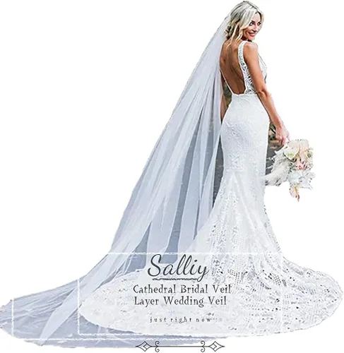 Miniatura 8 de Salliy Capa velo de novia velo de novia bordado borde de encaje novia con peine longitud catedral accesorios para el cabello (marfil-2), marfil